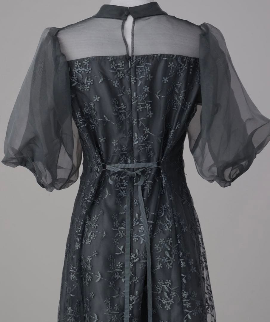 花柄刺繍 シースルーパフスリーブドレス