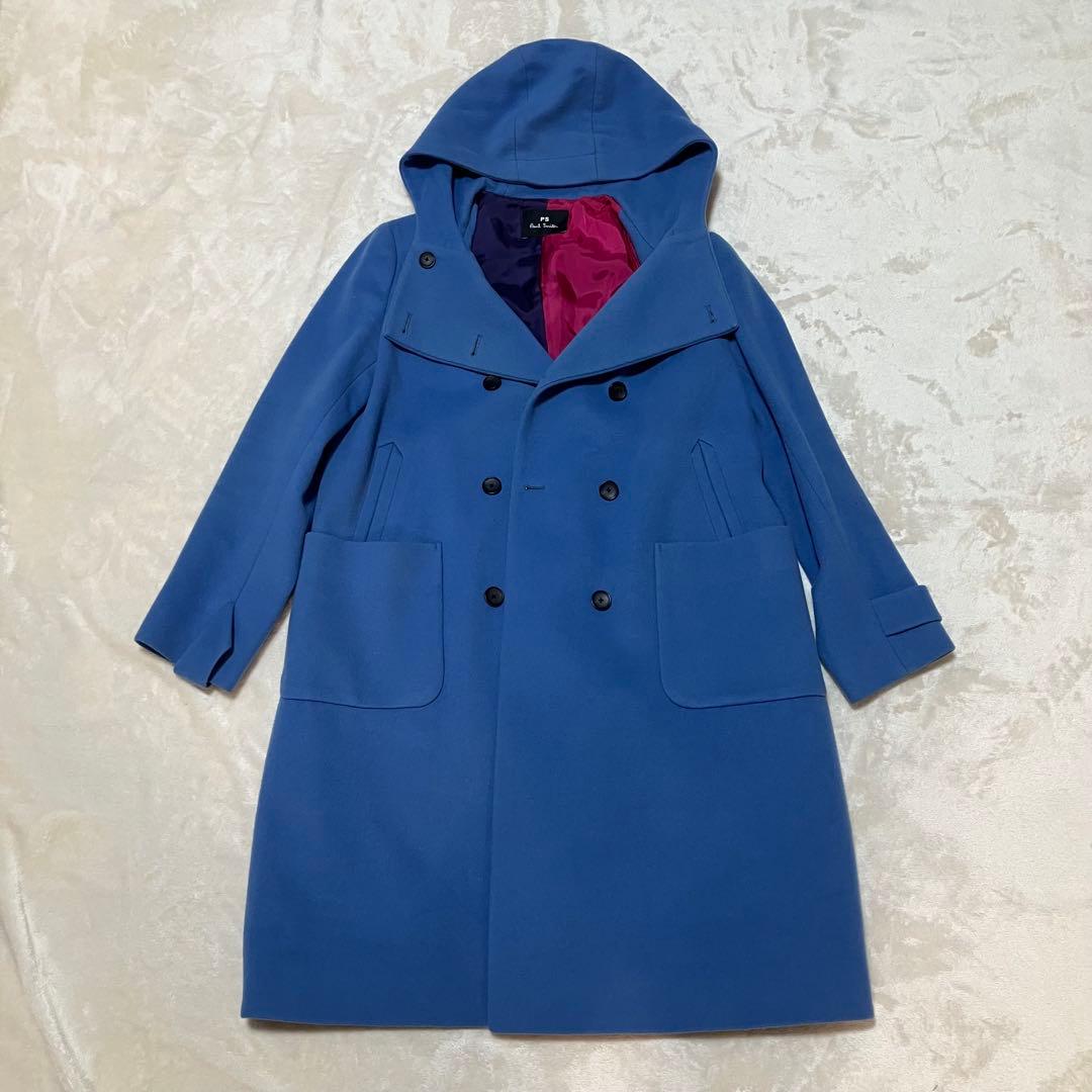 【美品】ピーエスポールスミス ウールコート マルチカラー フード 水色 40