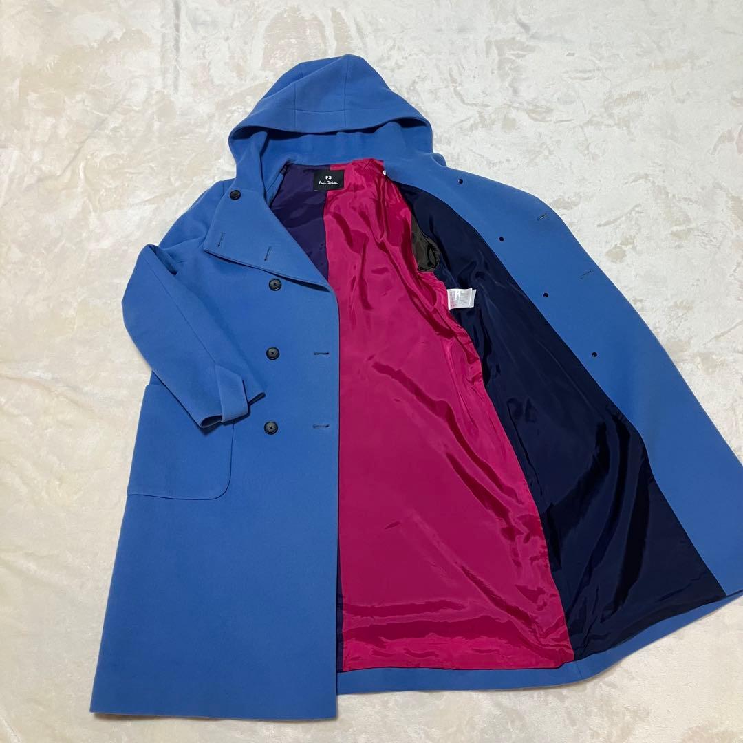 【美品】ピーエスポールスミス ウールコート マルチカラー フード 水色 40