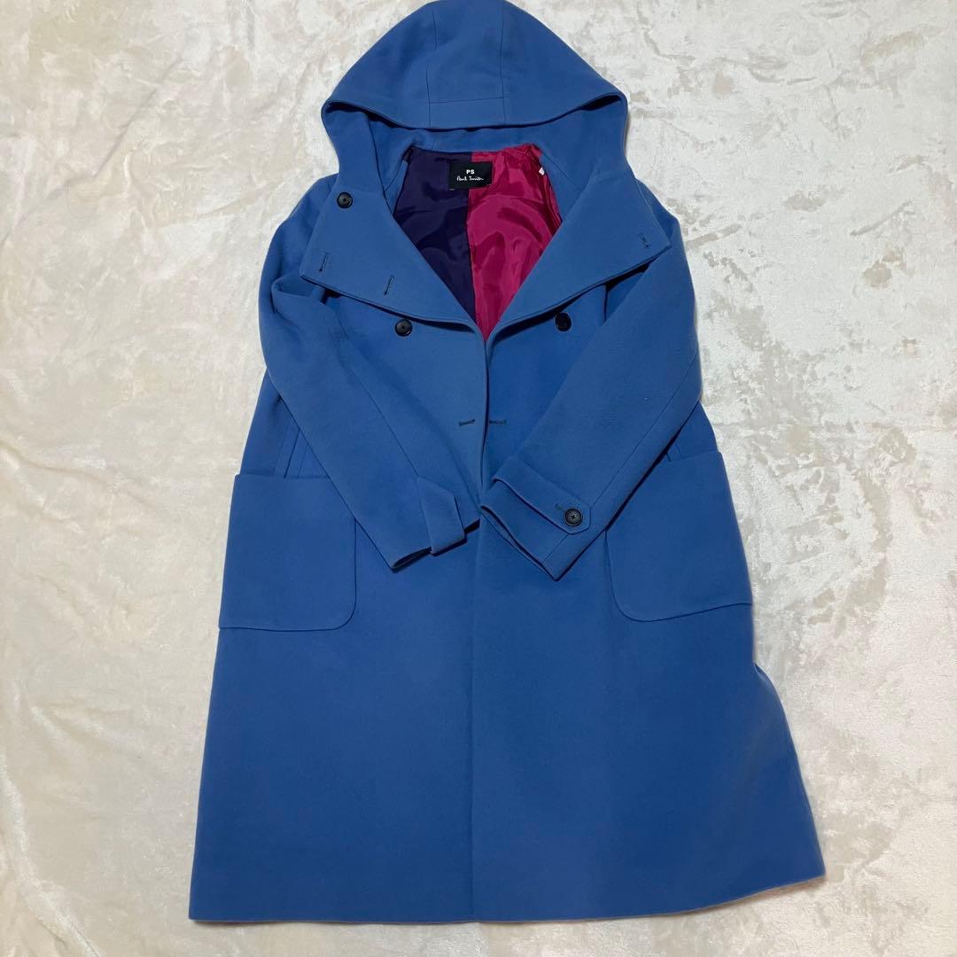 【美品】ピーエスポールスミス ウールコート マルチカラー フード 水色 40