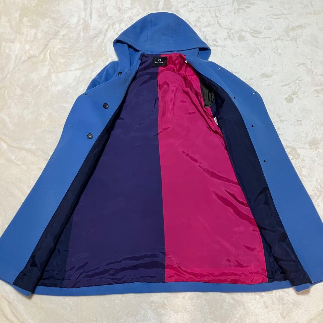 【美品】ピーエスポールスミス ウールコート マルチカラー フード 水色 40