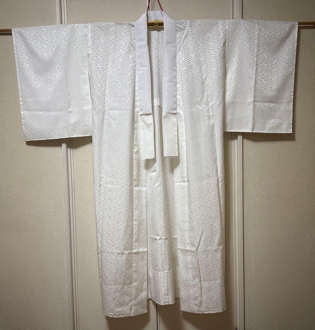 東レシルック　洗える長襦袢　袷　紗綾形模様　白　お仕立て品　無双袖　半衿つき