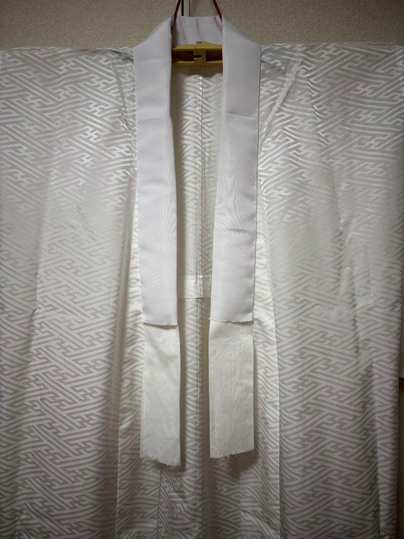 東レシルック　洗える長襦袢　袷　紗綾形模様　白　お仕立て品　無双袖　半衿つき
