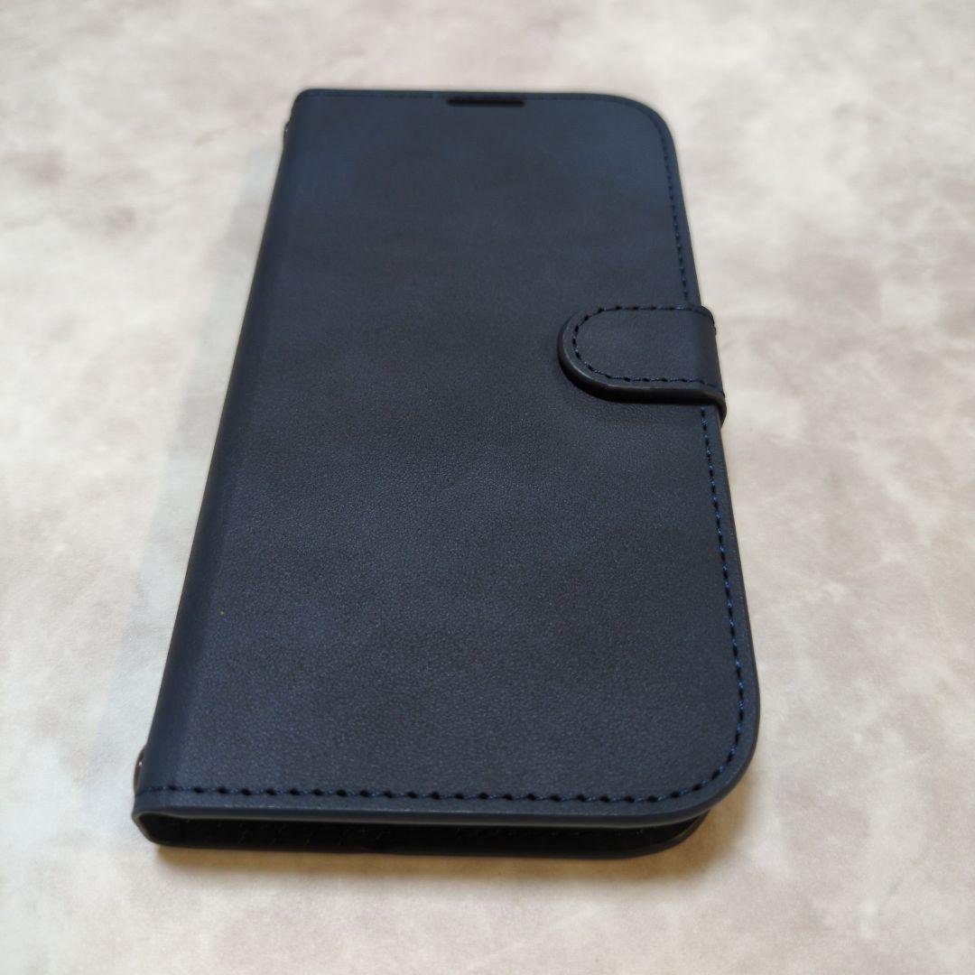 iPhone 15 Pro ケース 手帳型 ネイビー ストラップ2種類付き