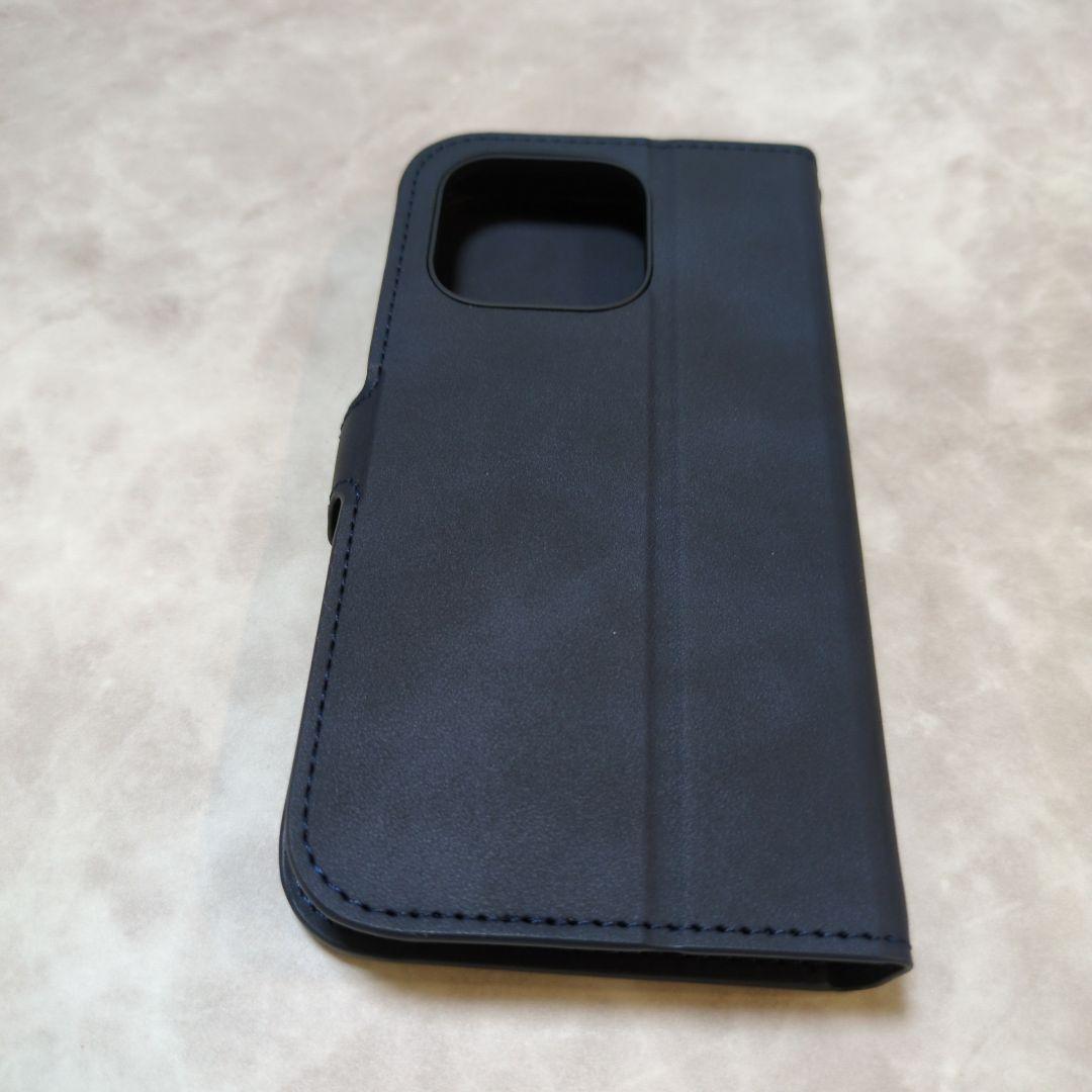 iPhone 15 Pro ケース 手帳型 ネイビー ストラップ2種類付き