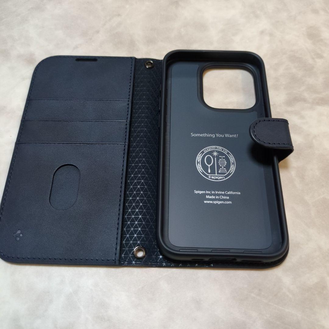 iPhone 15 Pro ケース 手帳型 ネイビー ストラップ2種類付き