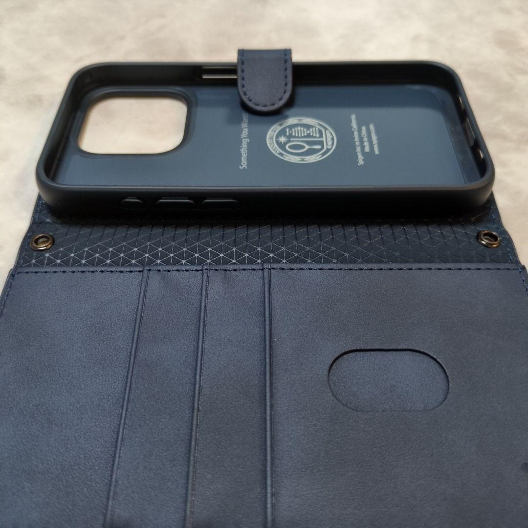 iPhone 15 Pro ケース 手帳型 ネイビー ストラップ2種類付き