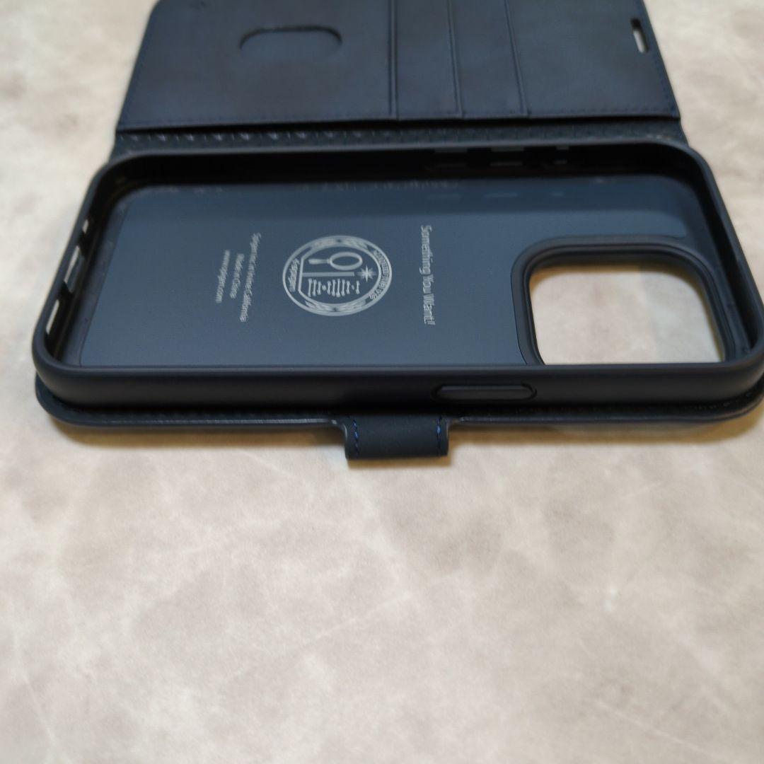 iPhone 15 Pro ケース 手帳型 ネイビー ストラップ2種類付き