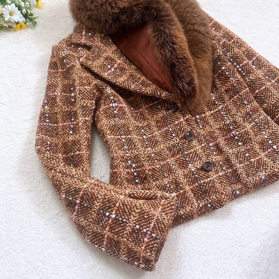 Harrods フォックスファーつき ツイード ジャケット 2way ブラウン系