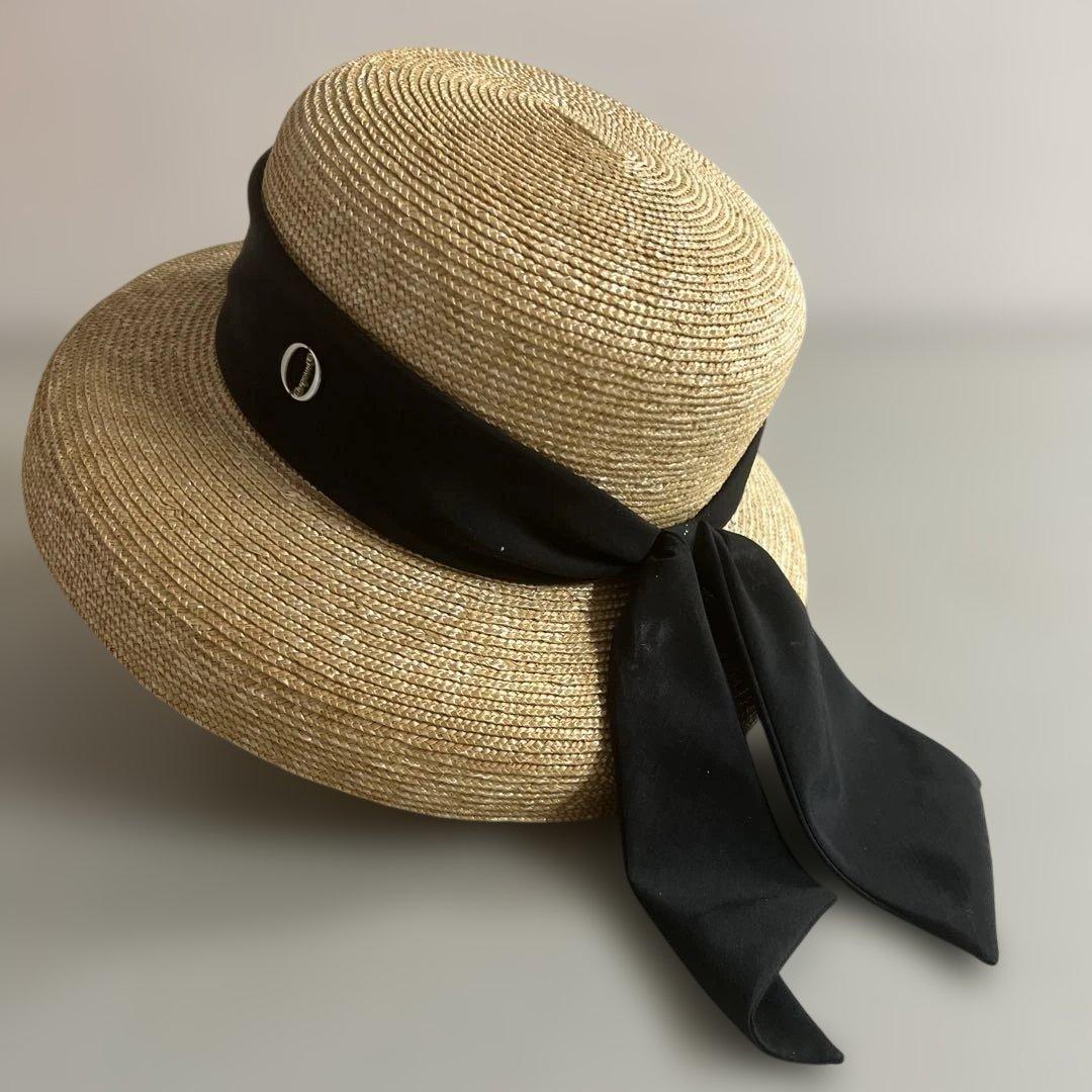 リボン付き麦わら帽子 ベージュと黒