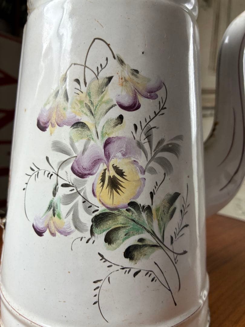 フランス　アンティーク　手描き　ホーロー　コーヒー　ポット　JAPY すみれ