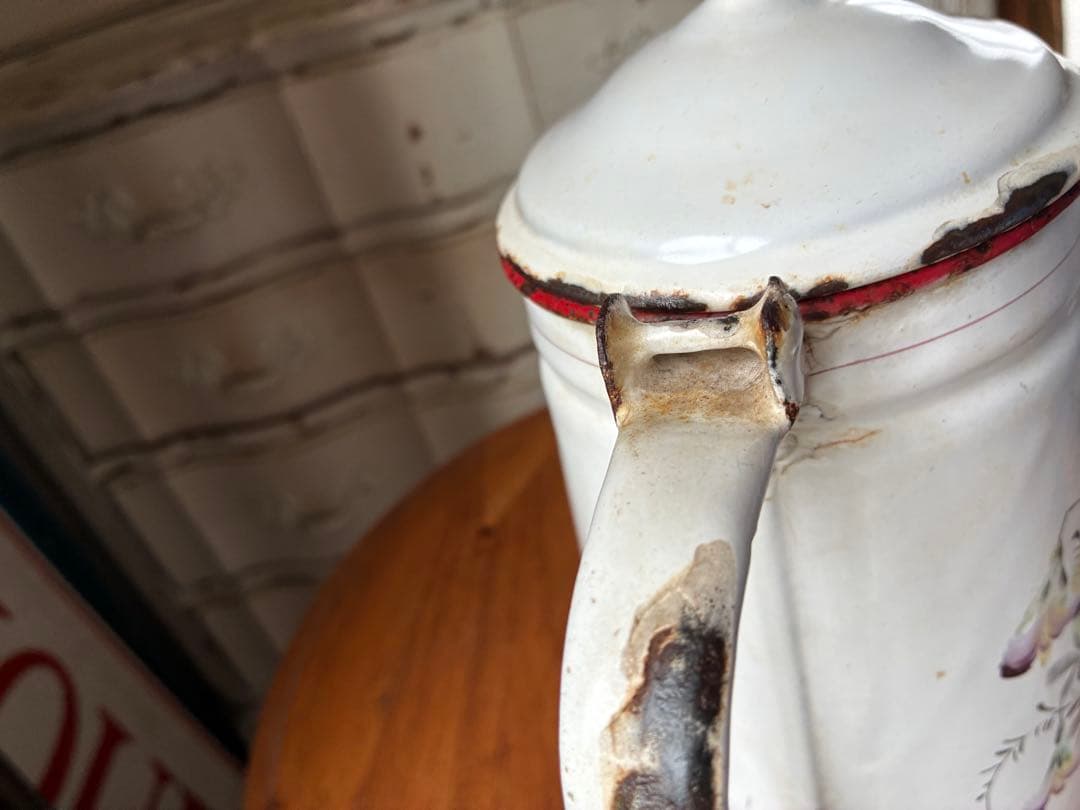 フランス　アンティーク　手描き　ホーロー　コーヒー　ポット　JAPY すみれ