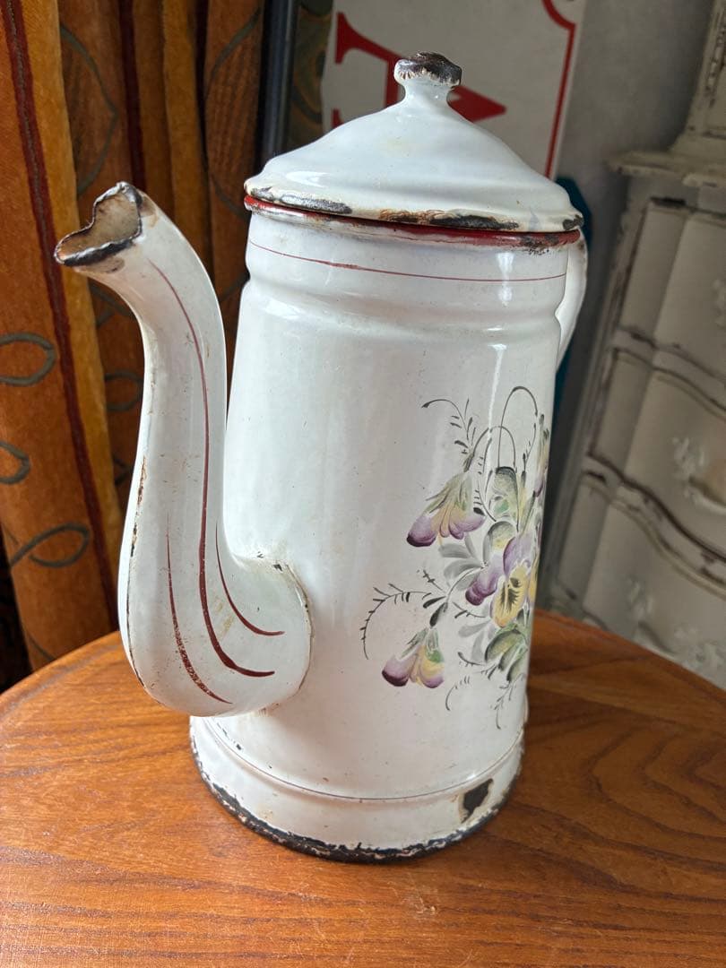 フランス　アンティーク　手描き　ホーロー　コーヒー　ポット　JAPY すみれ
