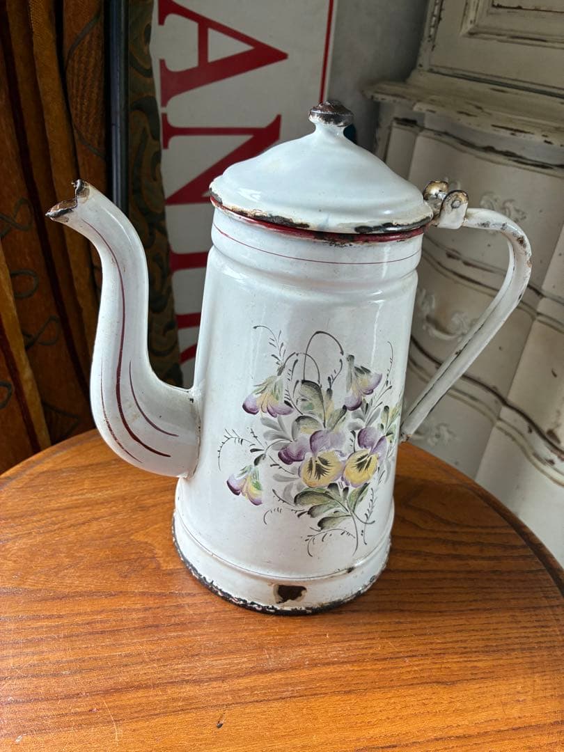 フランス　アンティーク　手描き　ホーロー　コーヒー　ポット　JAPY すみれ