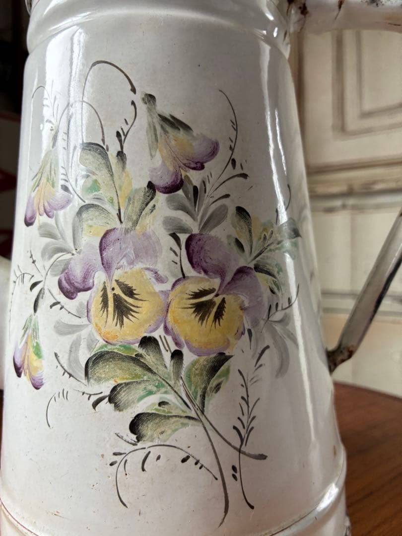 フランス　アンティーク　手描き　ホーロー　コーヒー　ポット　JAPY すみれ