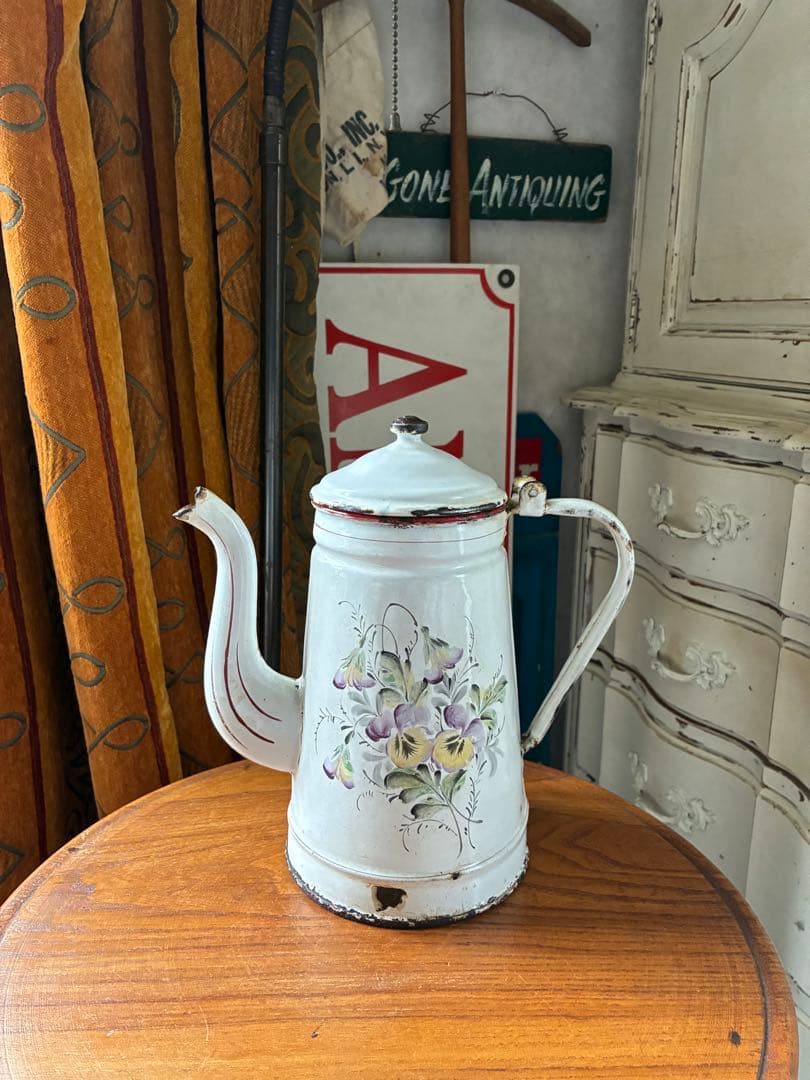フランス　アンティーク　手描き　ホーロー　コーヒー　ポット　JAPY すみれ