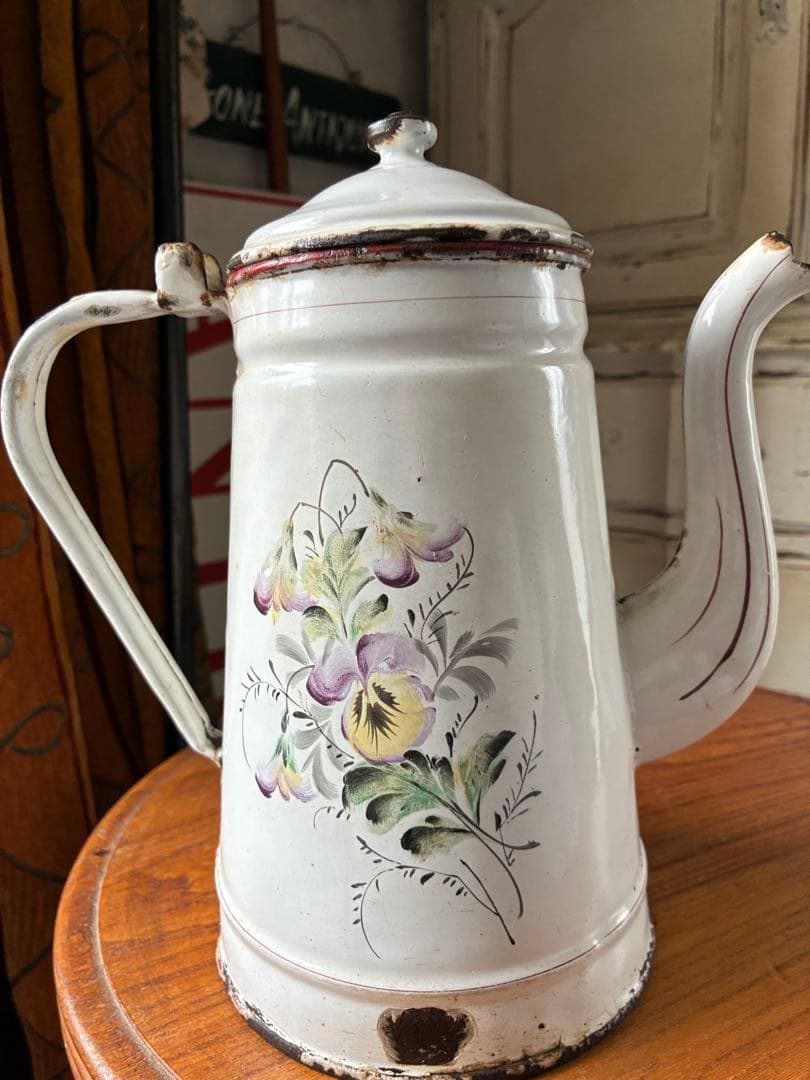 フランス　アンティーク　手描き　ホーロー　コーヒー　ポット　JAPY すみれ