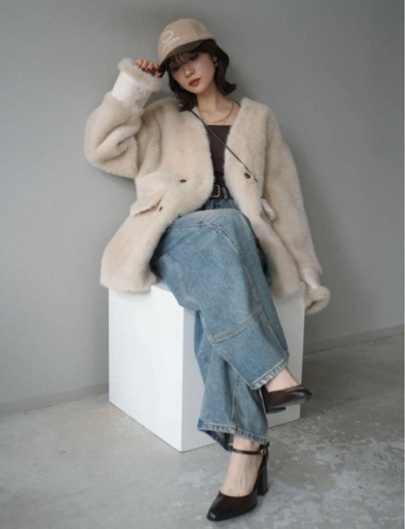 ラスト★バッグ付エコファーノーカラーコート　リュミエ　lumier同型　ベージュ