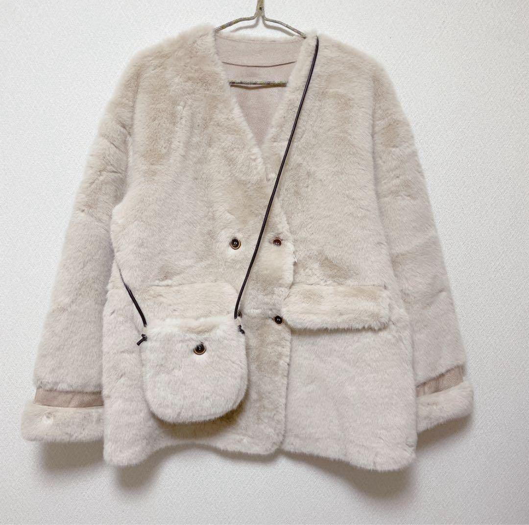 ラスト★バッグ付エコファーノーカラーコート　リュミエ　lumier同型　ベージュ