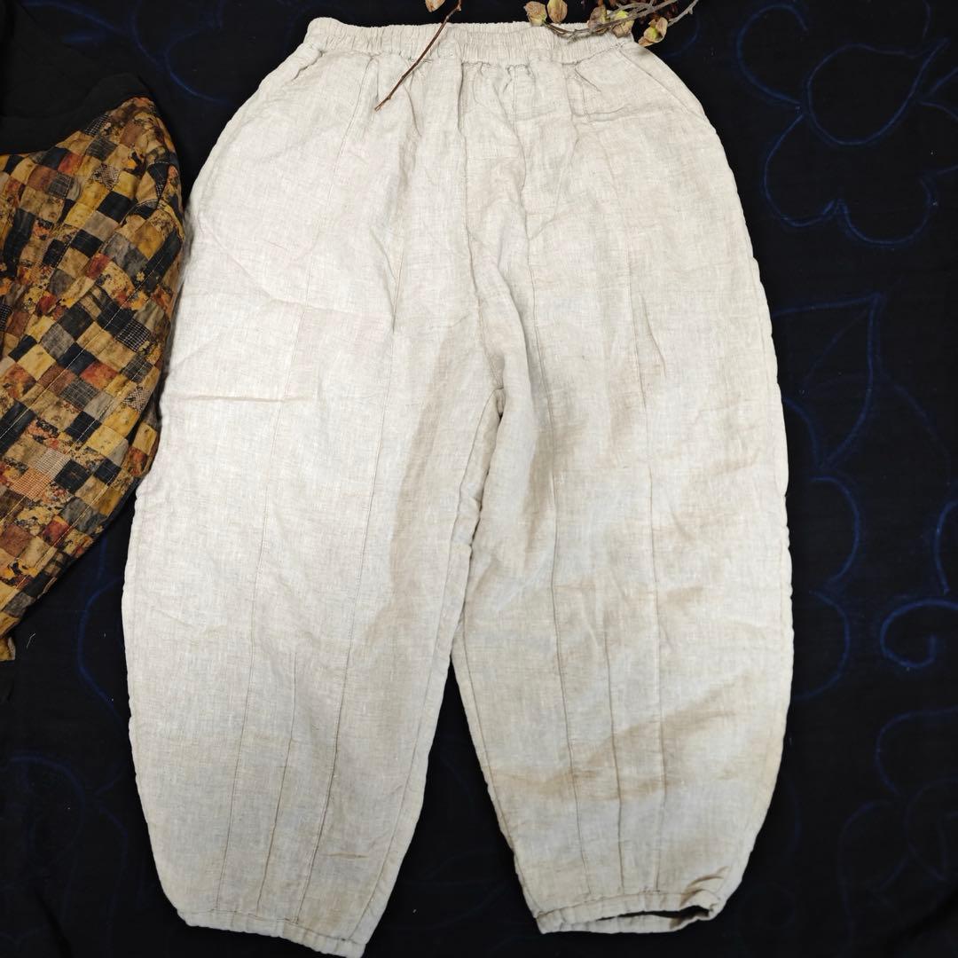 素朴 シンプル　 中綿リネンガウチョパンツ　ゆったり