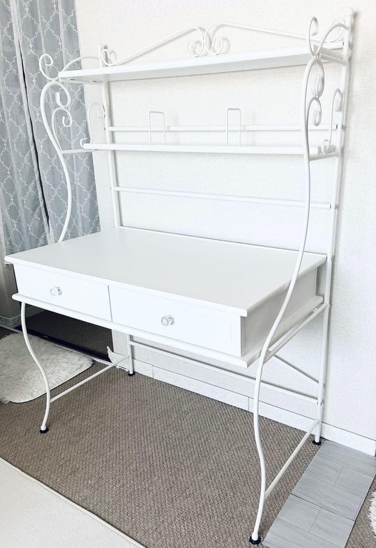 ロートアイアン　デスク　飾り棚　引き出し付き　ホワイト