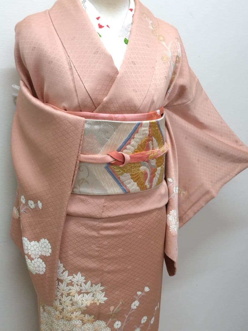 797　半額セール　正絹　作家もの　ダークピンク系　一つ紋　訪問着　4点セット