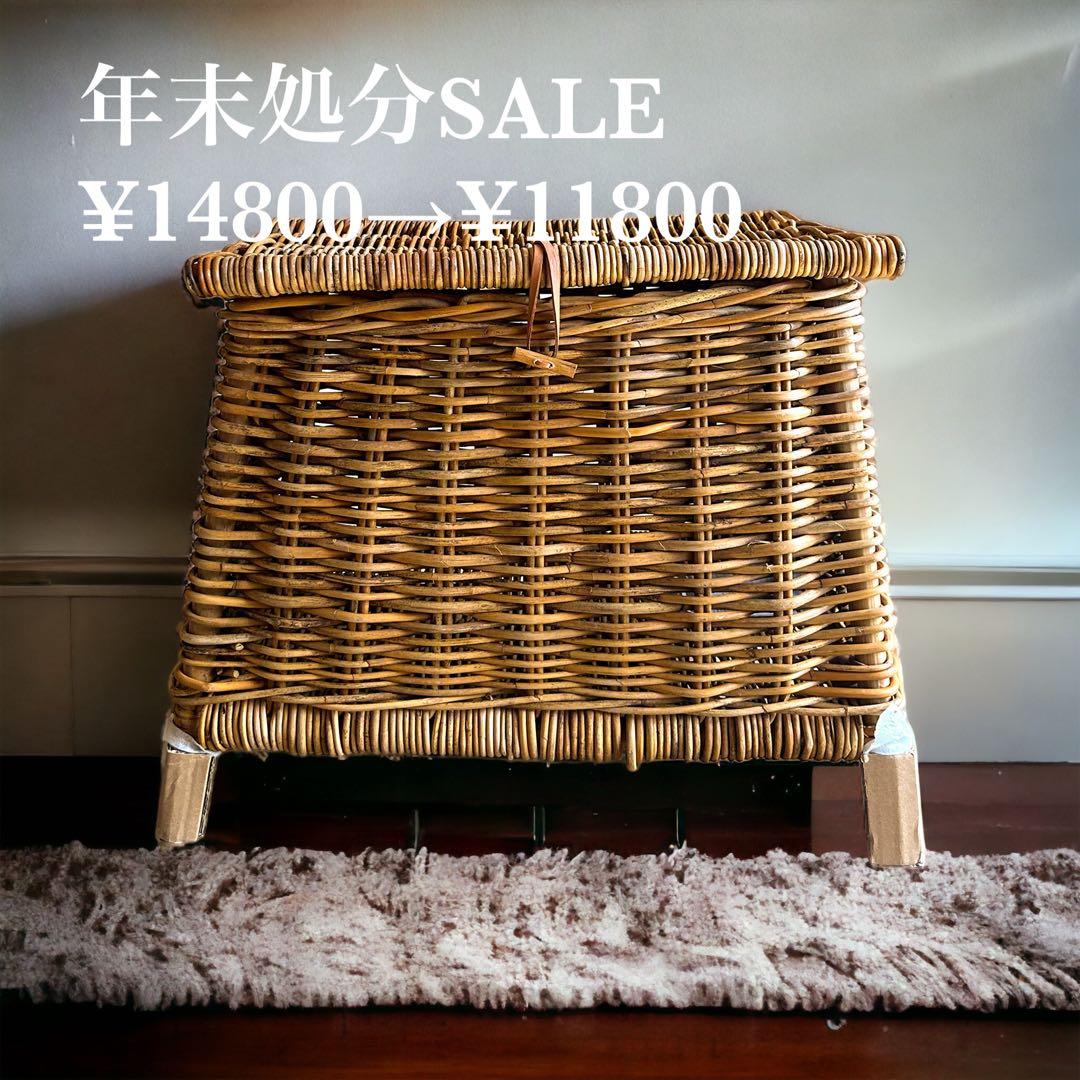 天然皮付き籐アラログ　インテリアバスケット　蓋付きバスケット　大きいかご