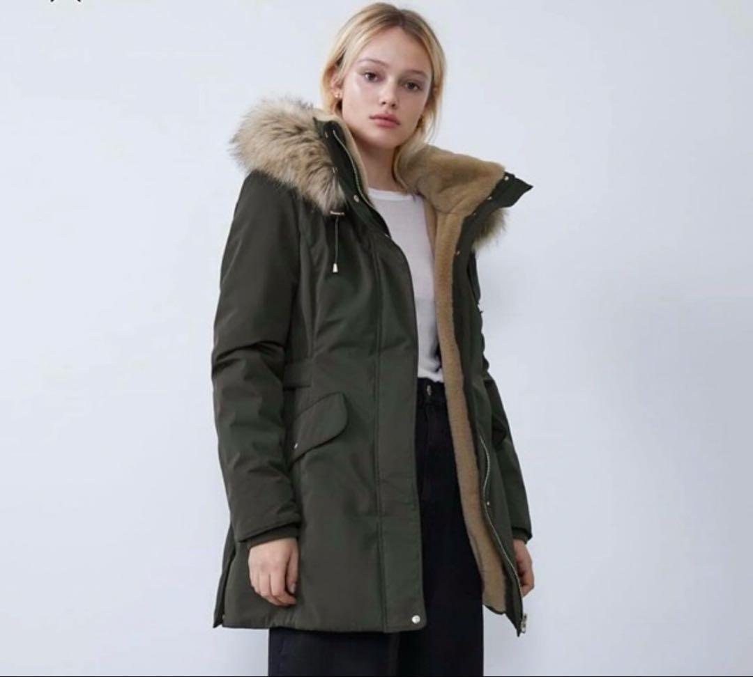 カーキ　ファー付きモッズコート　ZARA