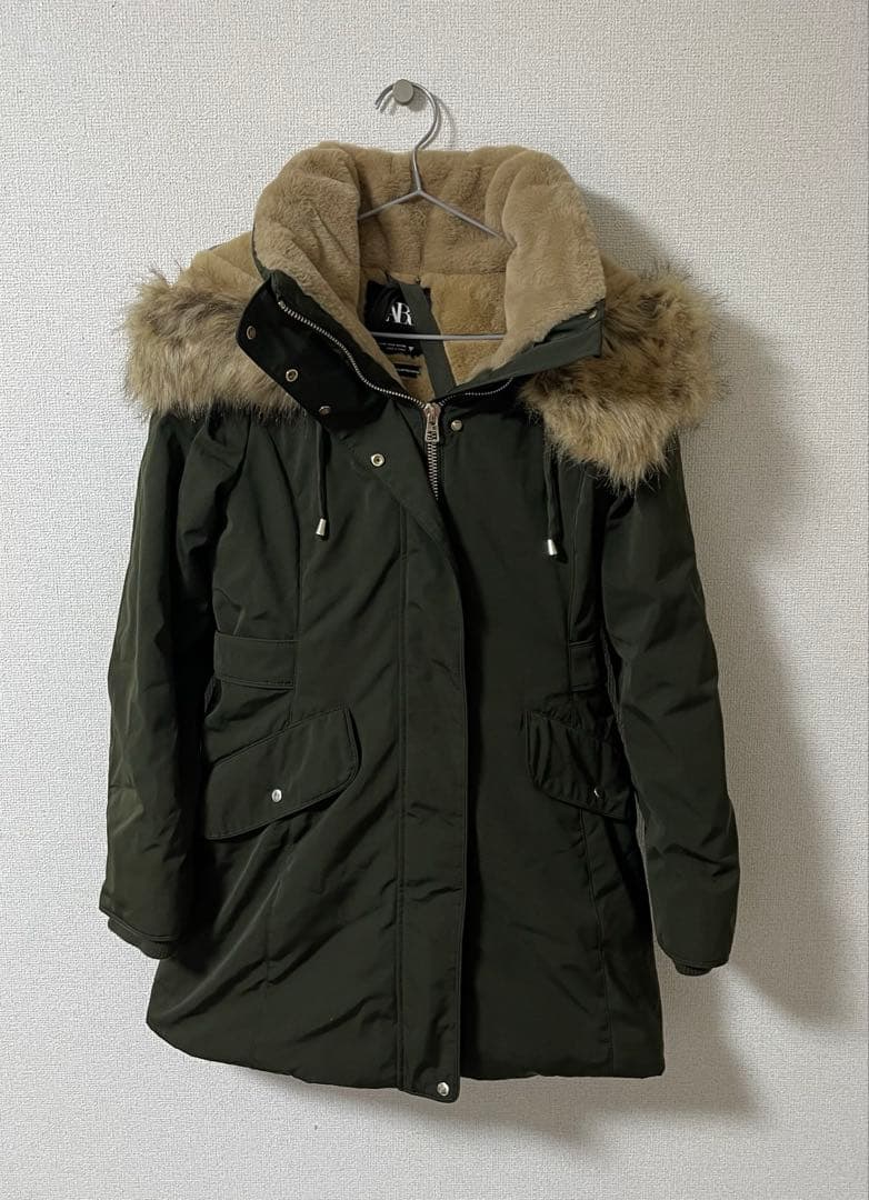 カーキ　ファー付きモッズコート　ZARA