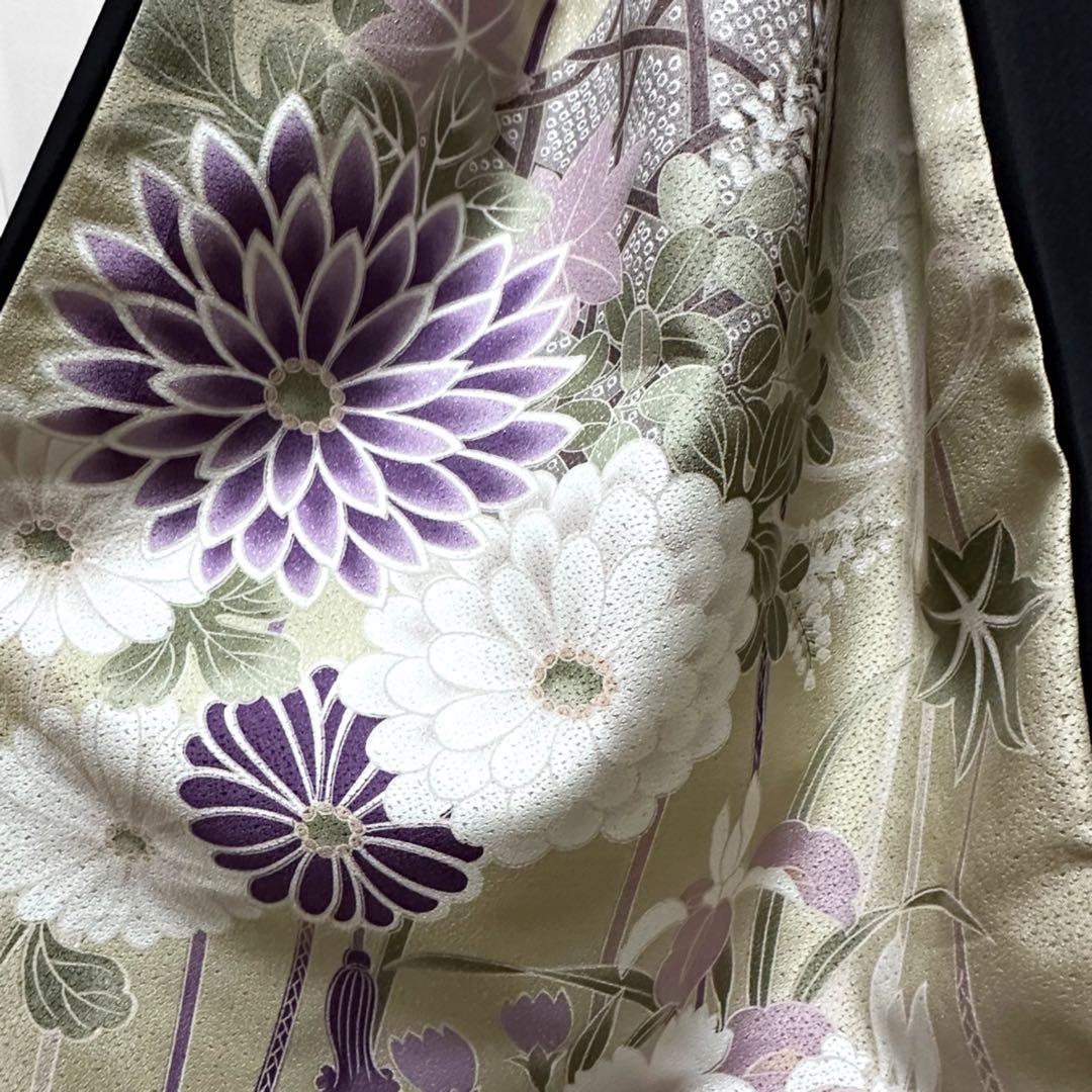 振袖　着物リメイク　ドレス　黒×花籠と牡丹や菊　和柄　ワンピース　ハンドメイド