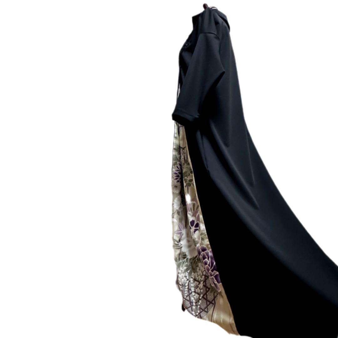 振袖　着物リメイク　ドレス　黒×花籠と牡丹や菊　和柄　ワンピース　ハンドメイド