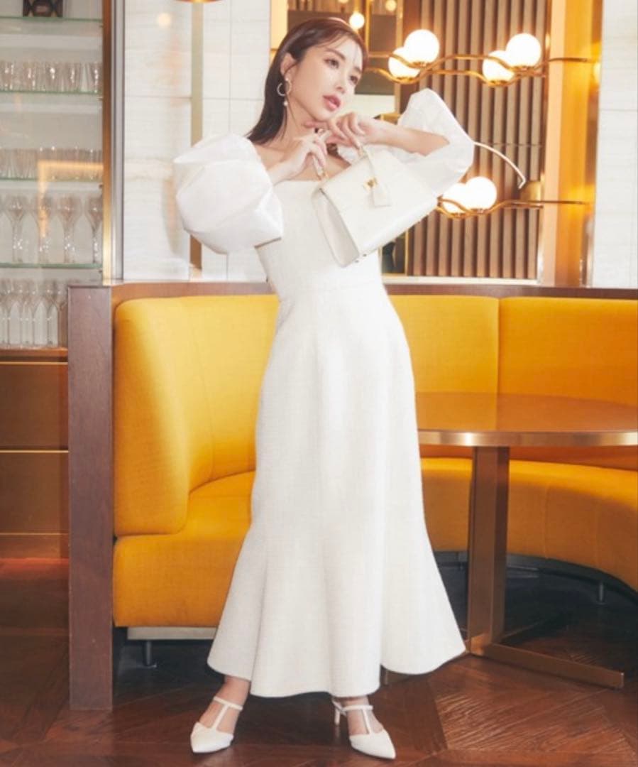 EIMY ISTOIRE 　ワンピース パフスリーブツイードワンピース ホワイト