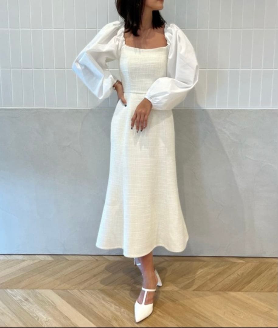 EIMY ISTOIRE 　ワンピース パフスリーブツイードワンピース ホワイト