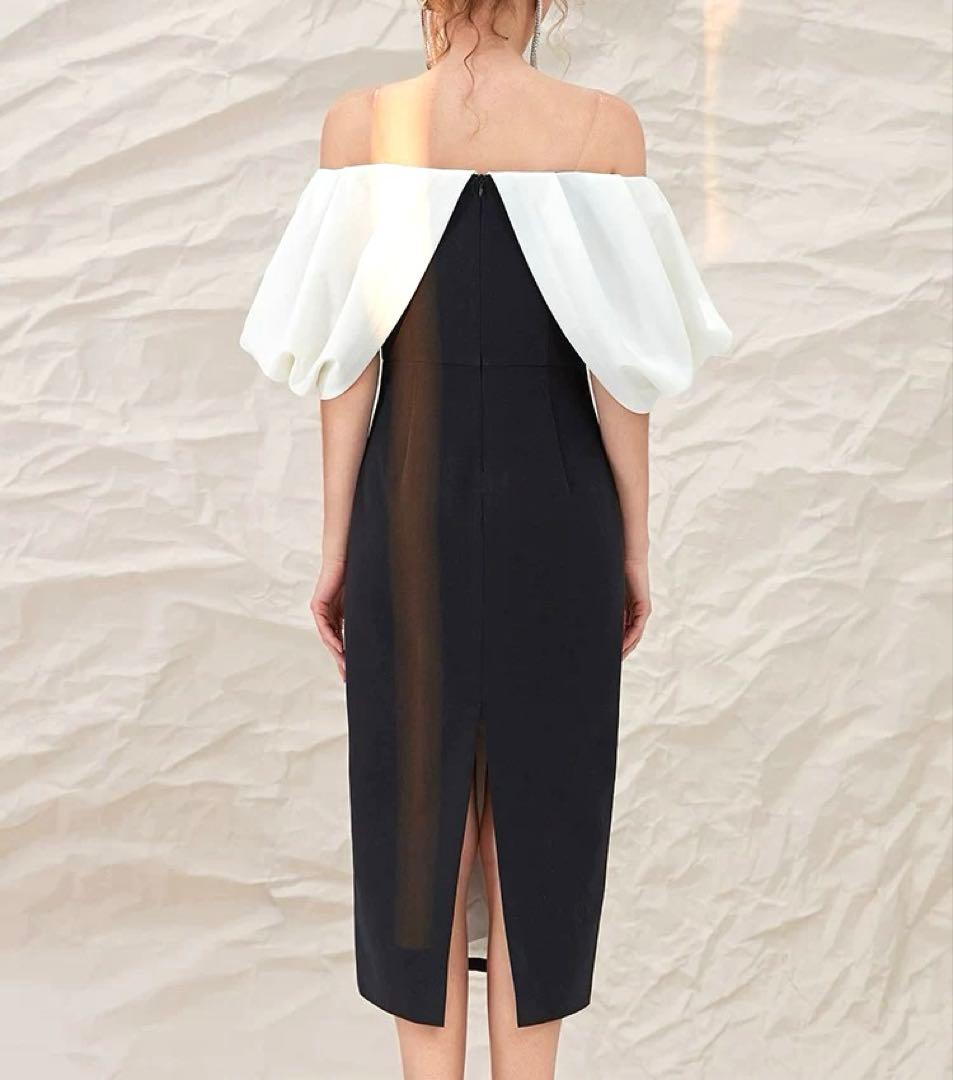 バイカラーがオシャレなスリット入り オフショル 膝下丈ドレス