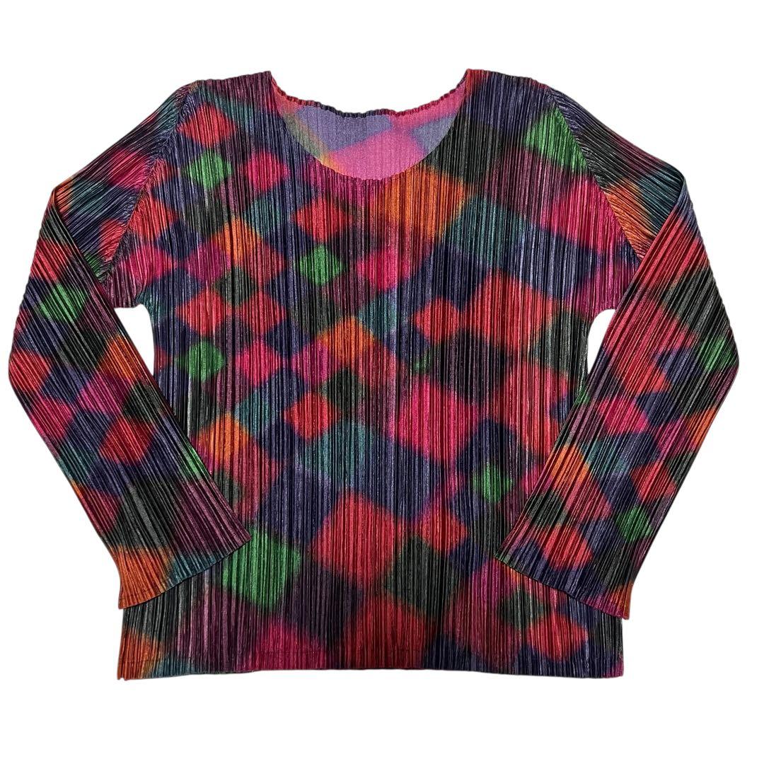 プリーツプリーズ 長袖シャツ カットソー L相当3 マルチカラー 総柄 ネオン
