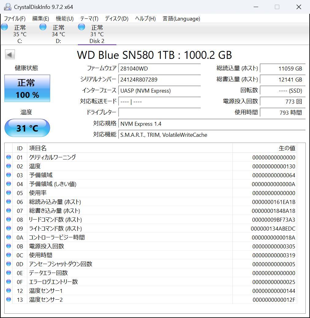 WD Blue SN580 1TB NVMe SSD (使用時間793時間)