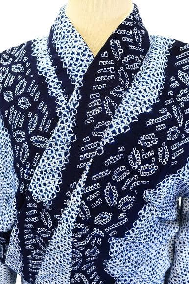 美品 浴衣 有松絞り バチ衿 紺色 よろけ縞 葉 身丈157cm 裄丈63cm