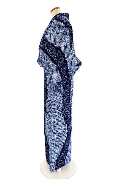 美品 浴衣 有松絞り バチ衿 紺色 よろけ縞 葉 身丈157cm 裄丈63cm