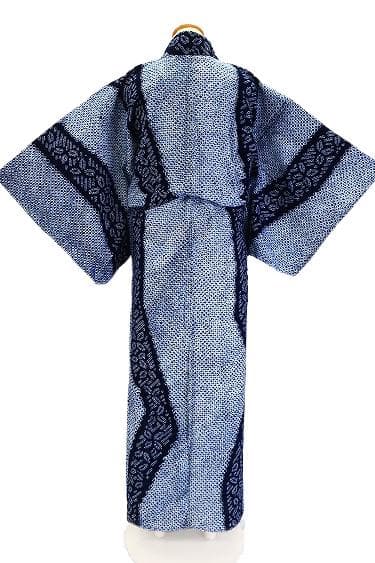 美品 浴衣 有松絞り バチ衿 紺色 よろけ縞 葉 身丈157cm 裄丈63cm