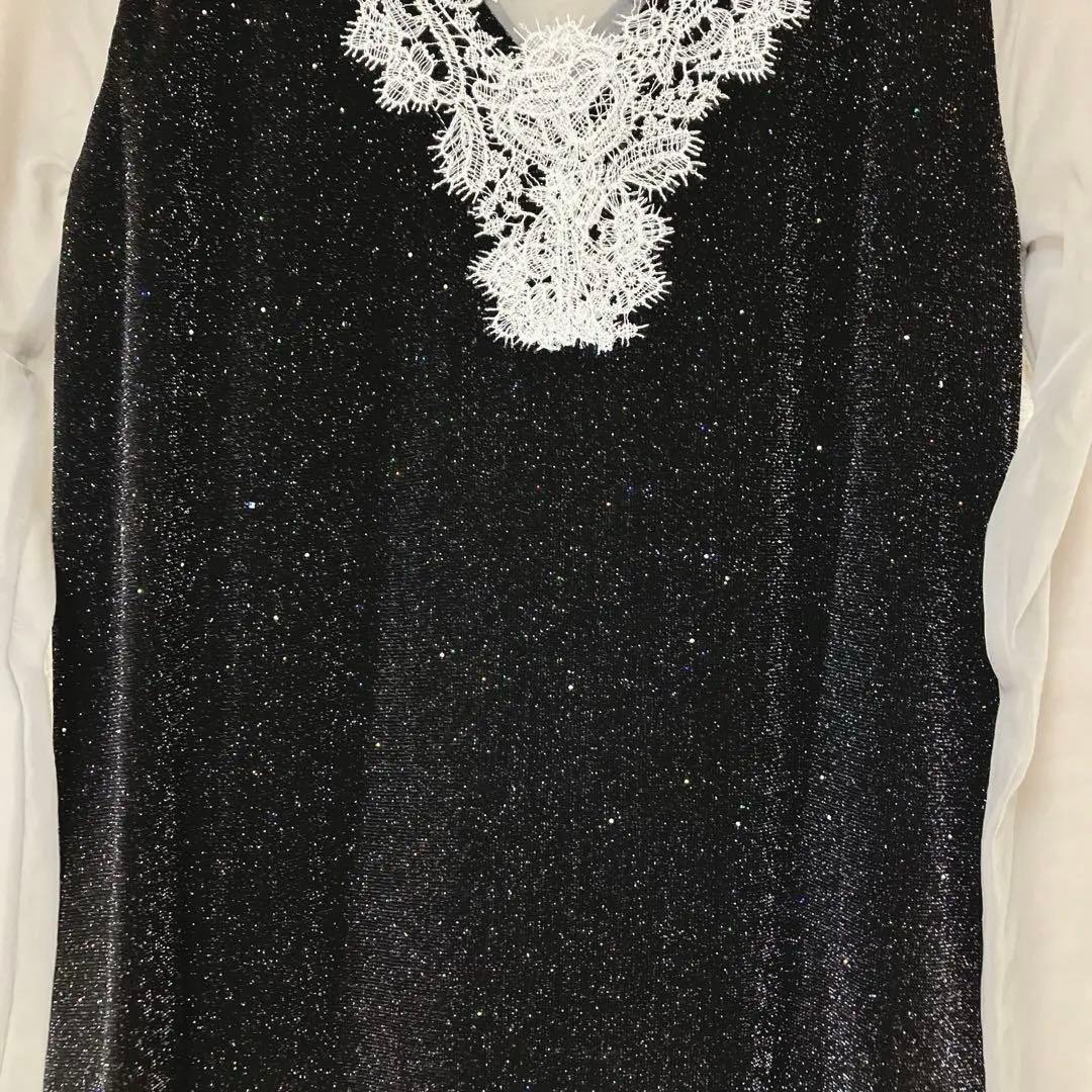 mayu　レジャ　レースネック透け袖スリットキラキラロングドレスワンピース