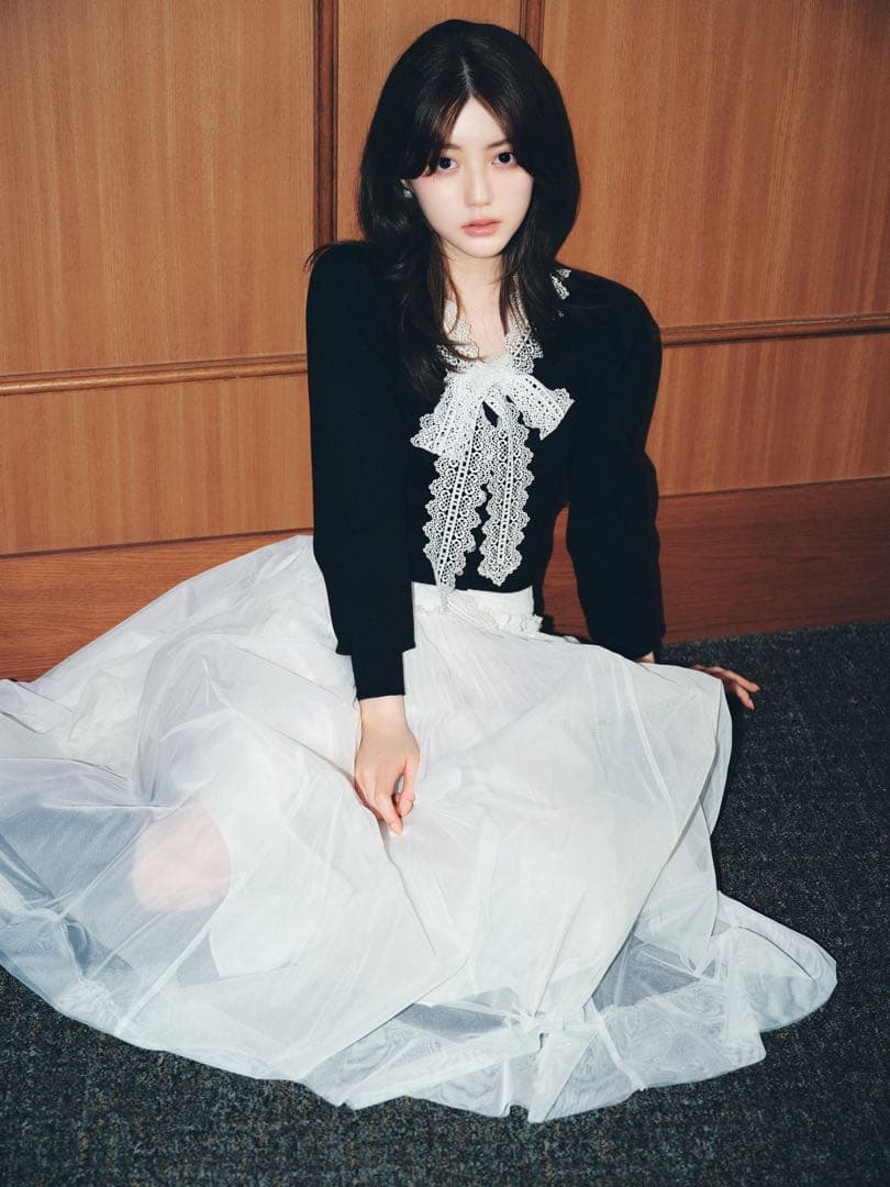 ひよこ　SNIDEL レース付きボウタイカーディガン　BLK