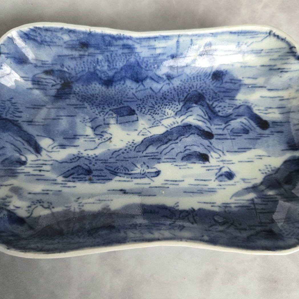 古伊万里　染付　隅入長皿　型紙摺印判　江戸時代　骨董　アンティーク