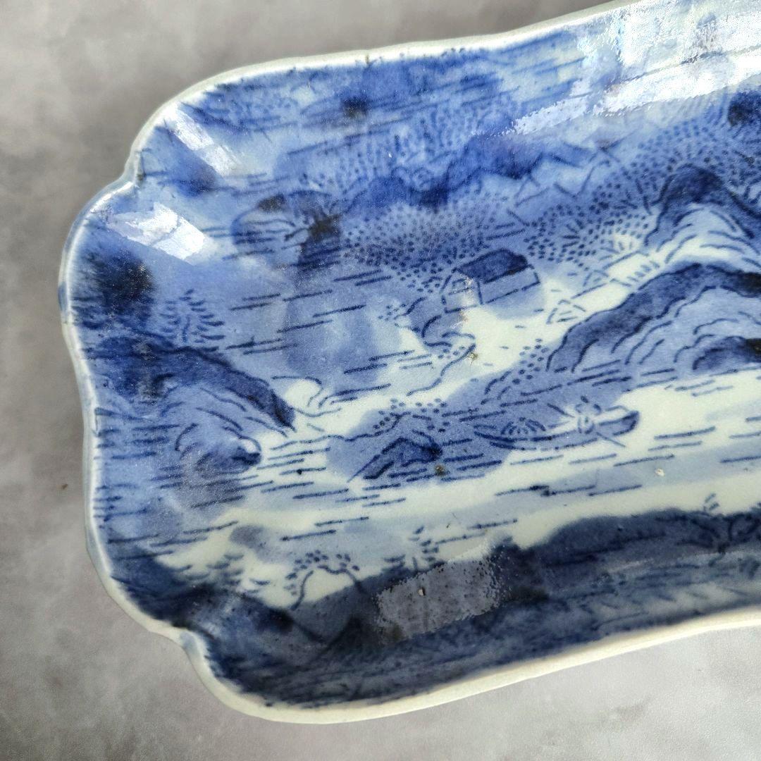 古伊万里　染付　隅入長皿　型紙摺印判　江戸時代　骨董　アンティーク