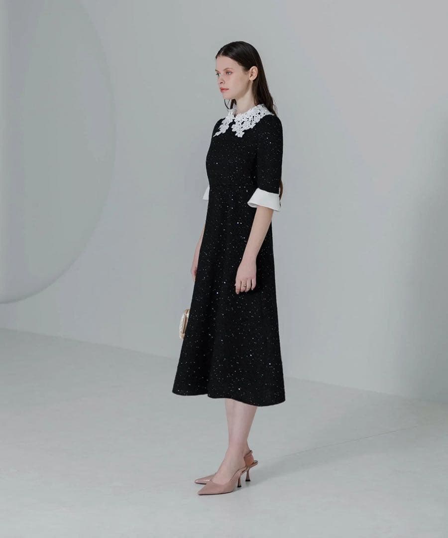 【美品】LAJA 花柄レースカラースパンコールAラインワンピースドレス