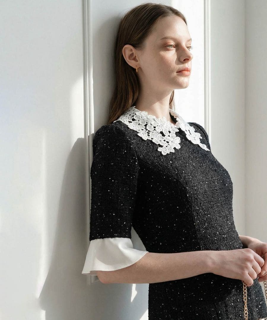 【美品】LAJA 花柄レースカラースパンコールAラインワンピースドレス