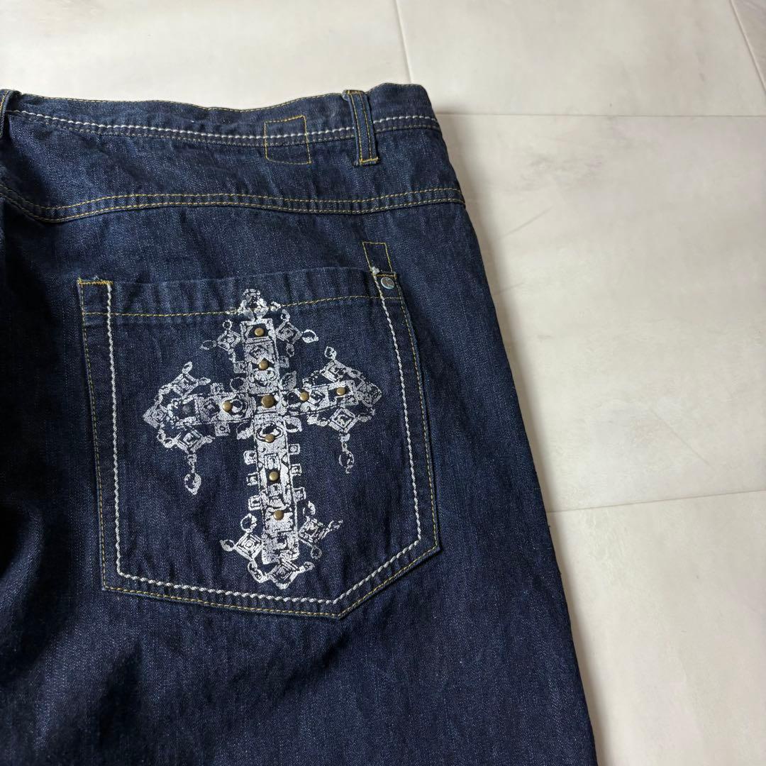 規格外！w50 カールカナイ 超極太 デニム バギーパンツ 濃紺 プリント B系