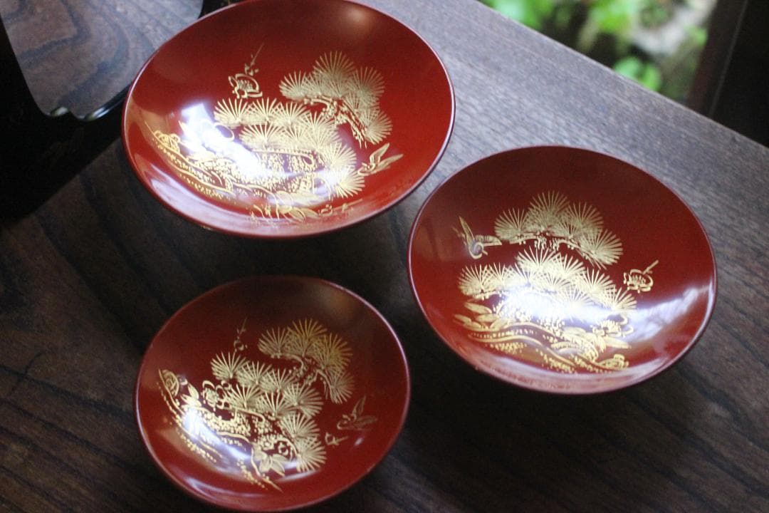 デッドストック！！極上松竹梅鶴亀沈金の映える輪島塗屠蘇器重箱揃い（検重箱お重