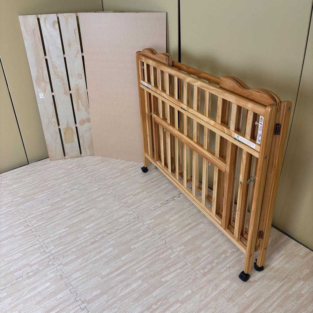 ☆除菌清掃済☆大和屋　折りたたみベビーベットFL　ナチュラル　すのこ　ハイタイプ