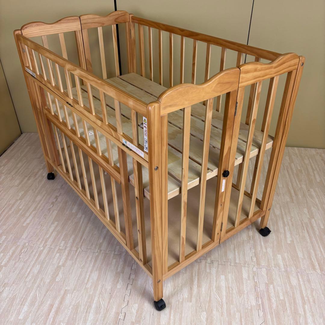 ☆除菌清掃済☆大和屋　折りたたみベビーベットFL　ナチュラル　すのこ　ハイタイプ