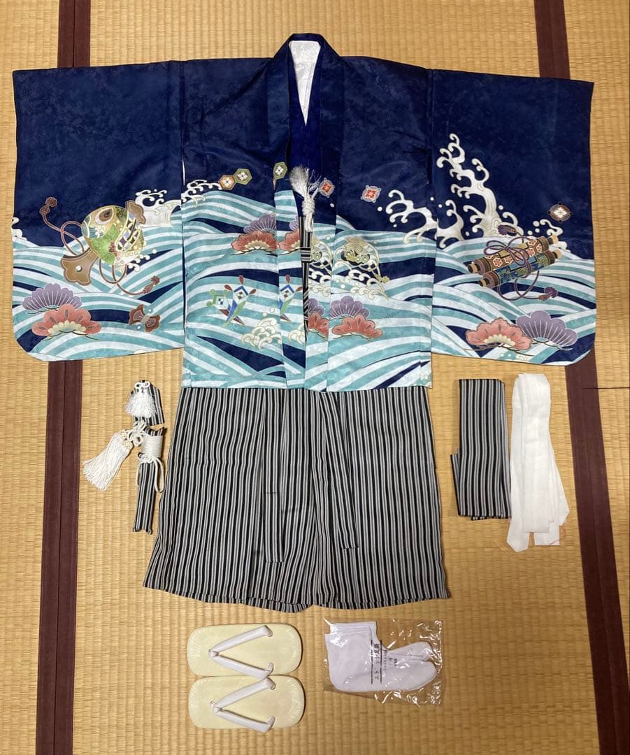 ［美品］七五三 男の子5歳　羽織袴セット　青地　鷹　宝船　縞袴